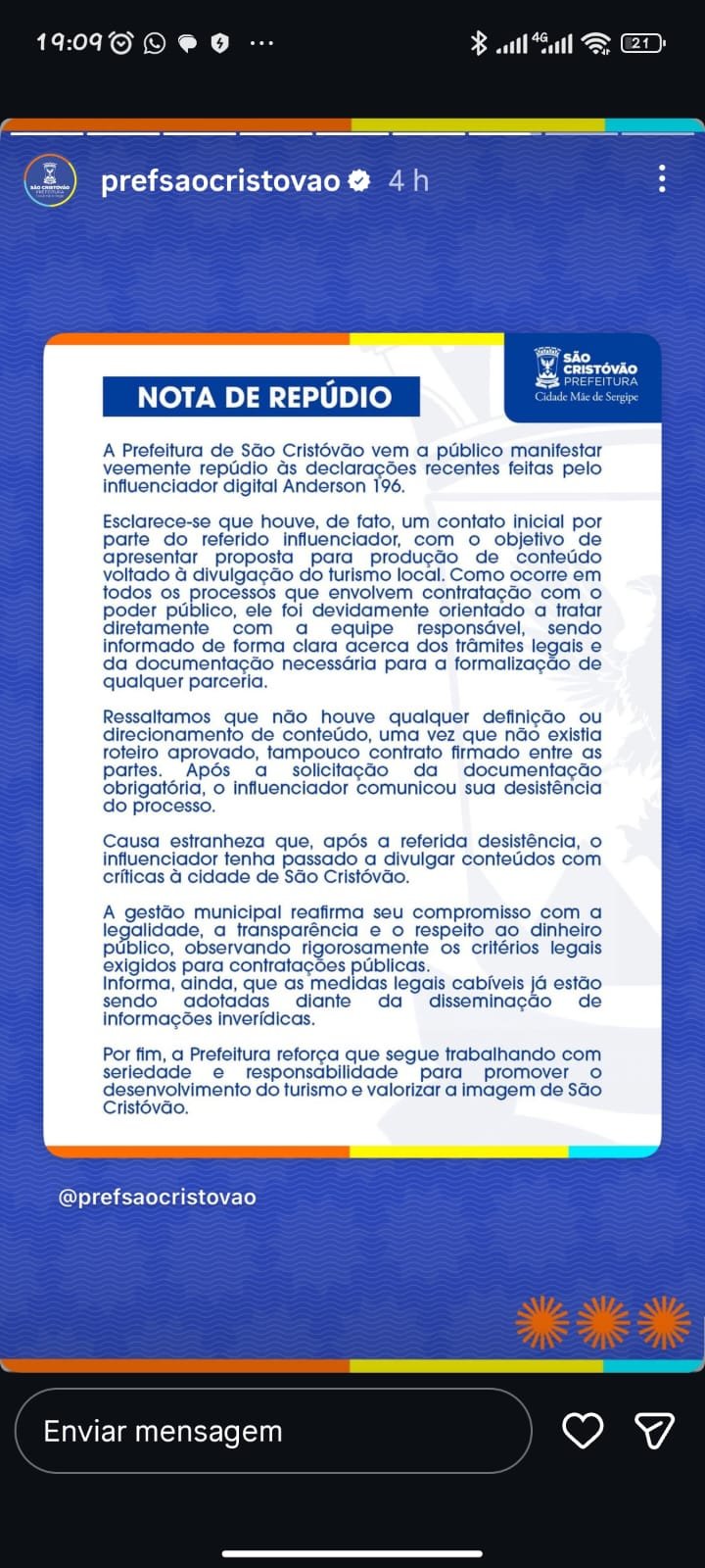 Após recuo em parceria influenciador intensifica críticas e prefeitura responde com nota de repúdio detalhada